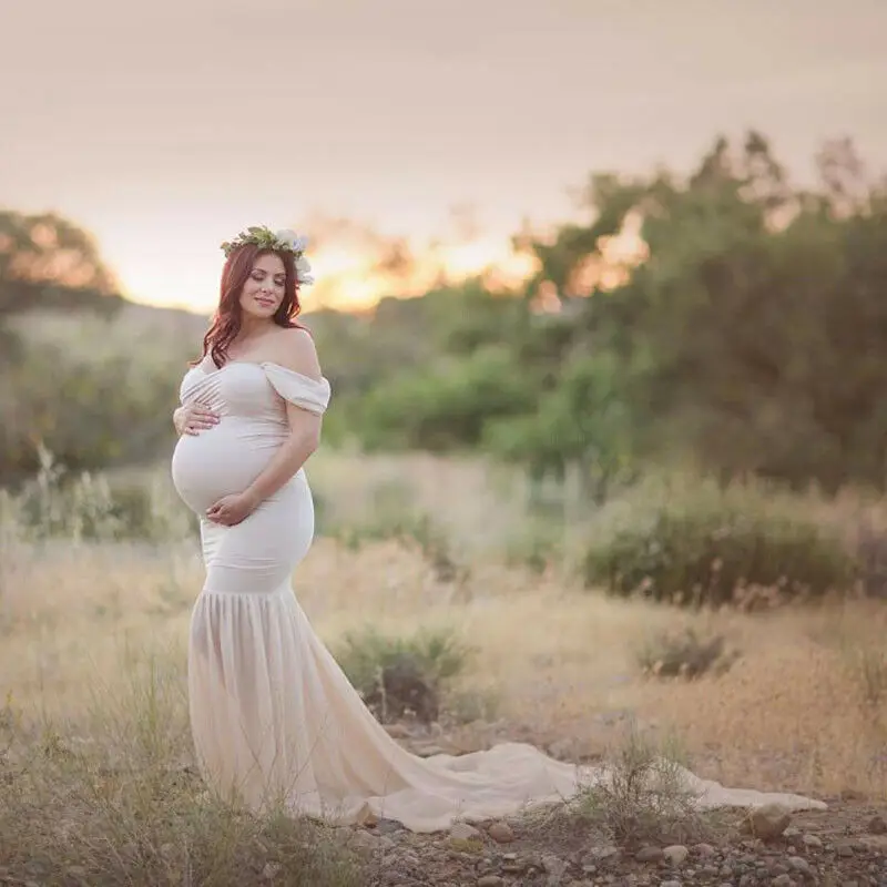 Женское длинное платье макси для беременных с открытыми плечами реквизит для фотосессии Макси платье для фотосессии - Color: Beige