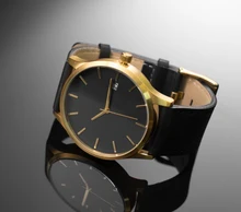 Design minimaliste Hommes Horloge Montre En Or Véritable En Cuir Bande Grande Taille Cas 44mm