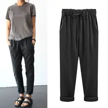 Женские укороченные брюки большого размера с манжетами по щиколотку, однотонные Свободные повседневные шаровары, брюки с завязками на талии, тонкая уличная одежда M-5XL