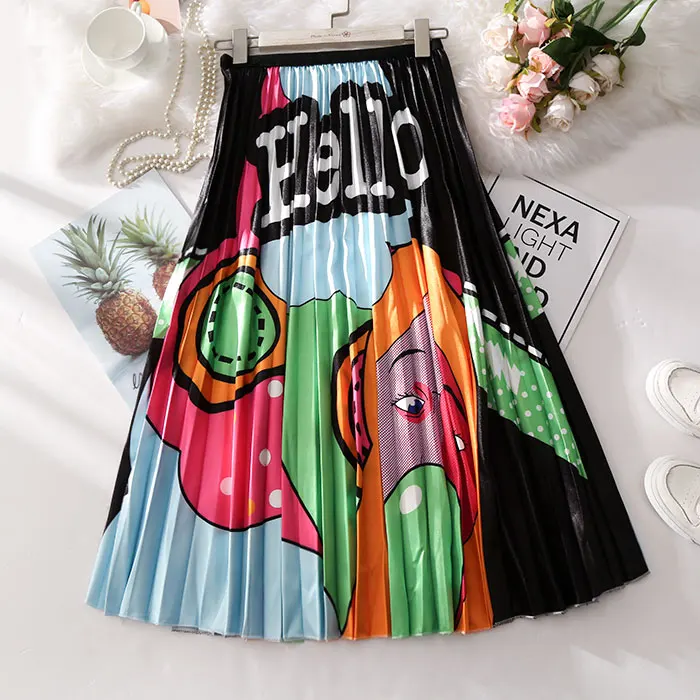 

2019 Summer Woman High Waist Long Pleated Skirt European Style Letter Print Cute Cartoon Mid-calf Harajuku A-Line maxi Skirts