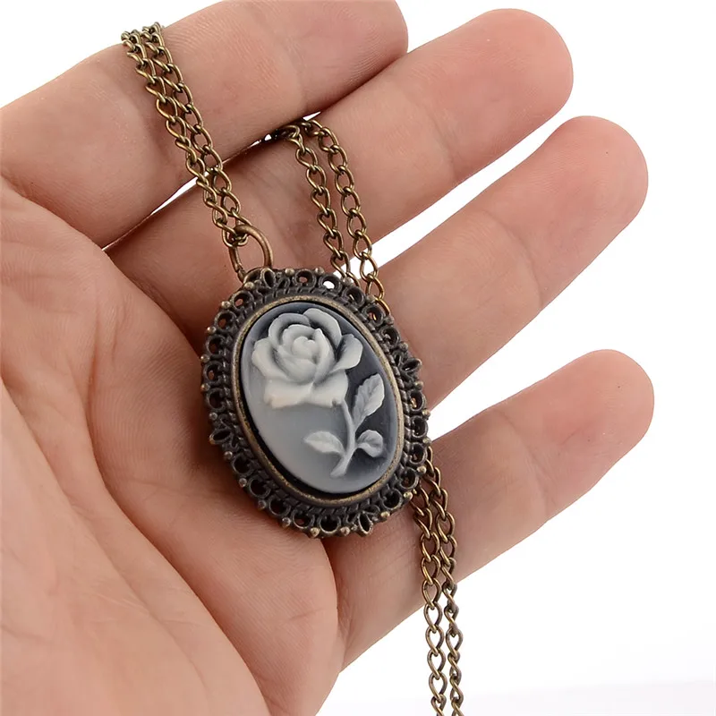 Fashion Mini Pocket Watch Rose Flower Quartz Necklace Pendant Chain