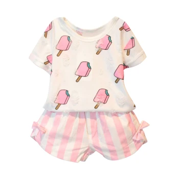 

Summer Kids Girls Clothing Set Ice Cream Printed T-shirt +Striped Bow Shorts 2 Pcs Clothing Set 1-6Y