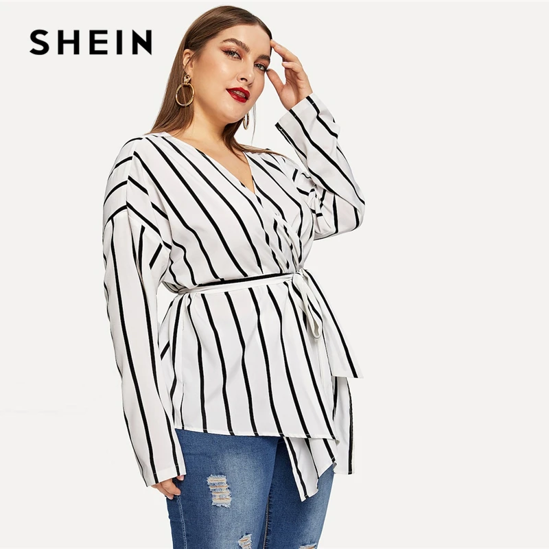 SHEIN Полосатая Блузка Размера Плюс С V-Образным Вырезом И Поясом Блузки С Глубоким Вырезом Женские Элегантные Топы