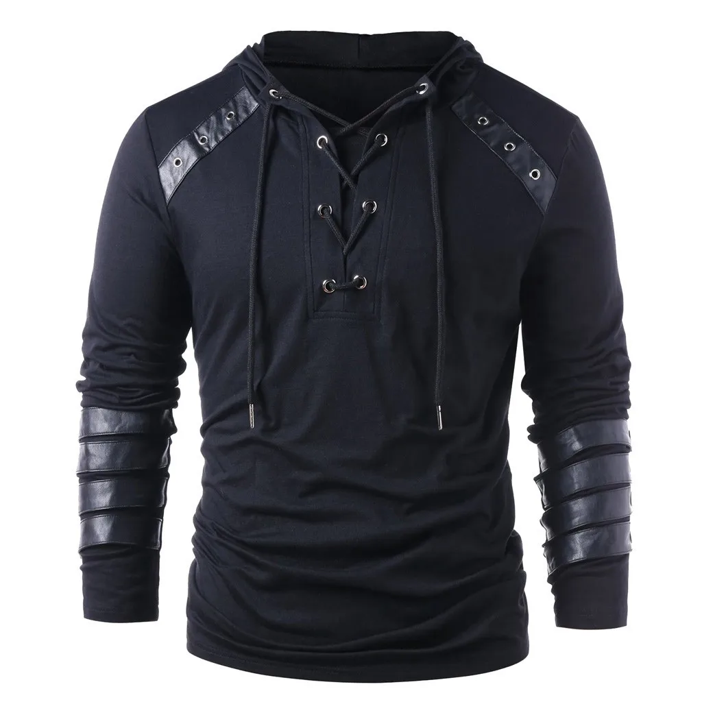 

2019 Autumn Hoodie Men Drawstring Leather Patchwork Hooded Sweatshirt Long Sleeve Male Casual Pullover Tops Blouse Black Hoodies