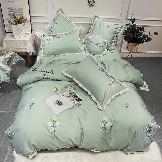 Light green Bedding Sets Queen King Size Embroidery Egyptian Cotton Bedlinens Duvet Cover