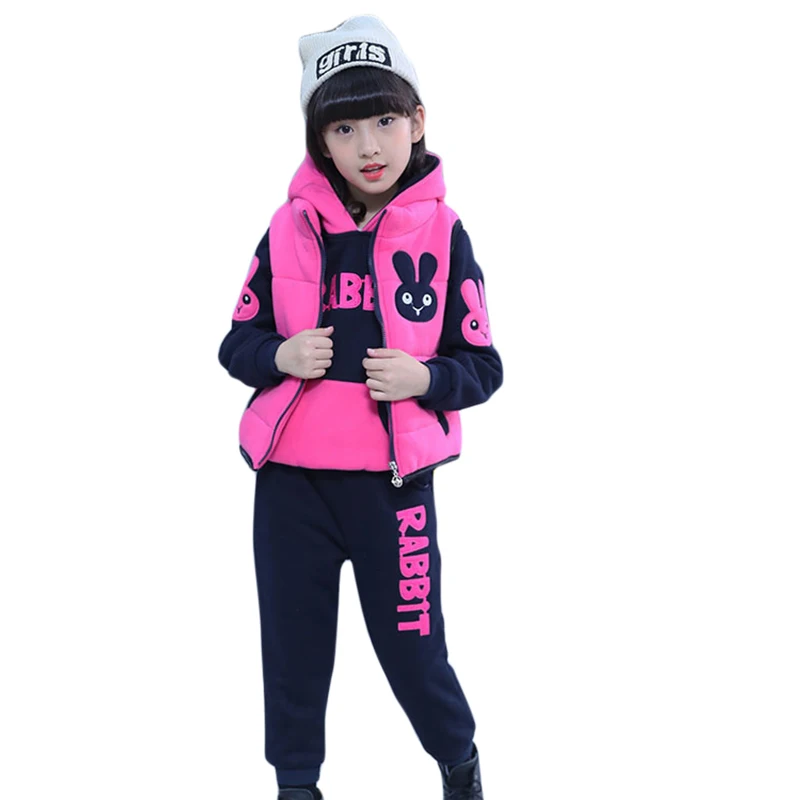 Girl Winter Coat + Pants + Vest 3pcs Clothing Set Plus Velvet Children Thick Sportwear Kids Tracksuit School Clothing for Teen