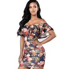 dress Female 2017 Summer Sexy Off the Shoulder Print Ruffles Strapless Cute Beach Casual Above Knee, Mini