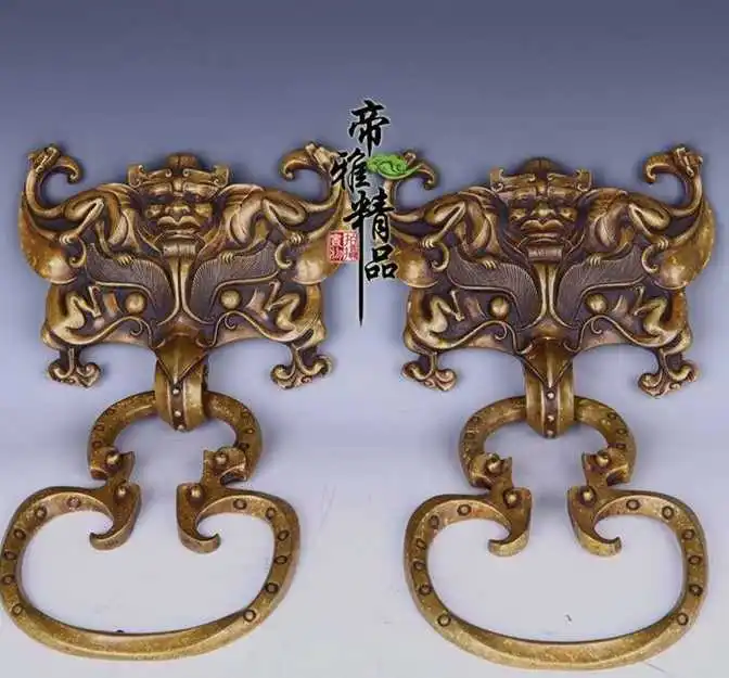 

China Royal Pure Bronze Copper Gild Fengshui Beast Head Door Knocker Statue Pair