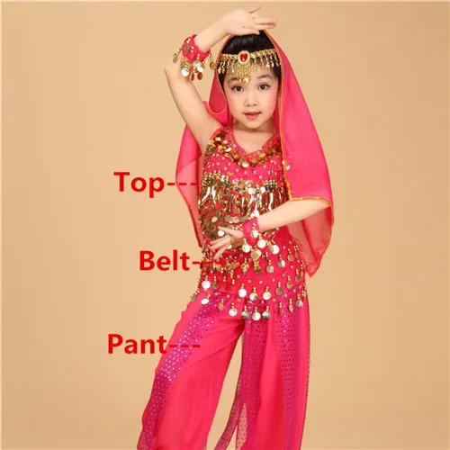 Детские танцевальные костюмы для живота Детские костюмы для восточных танцев Одежда для танца живота Индийские танцы Болливуд 3 цвета - Цвет: Rose Red 3pcs