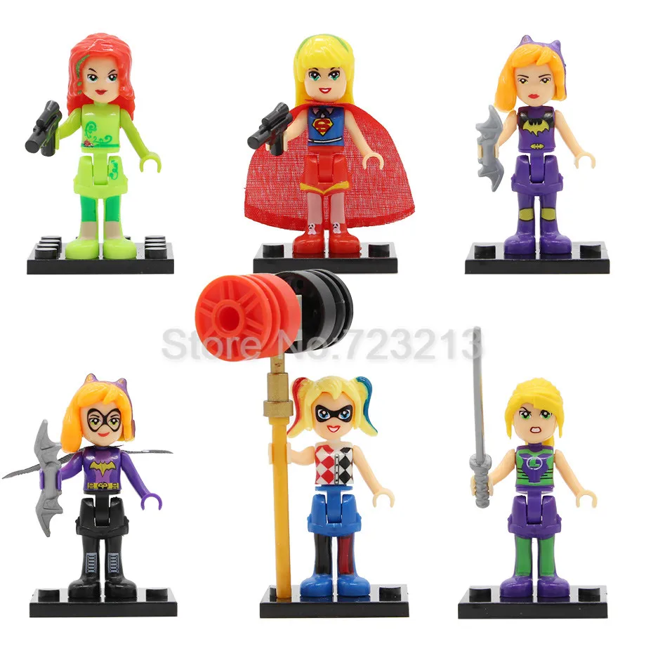 

6pcs DC Super Heroine Figure set Harley Quinn Supergir Catgirl Poison Ivy Building Block Models Bricks Kits Toys