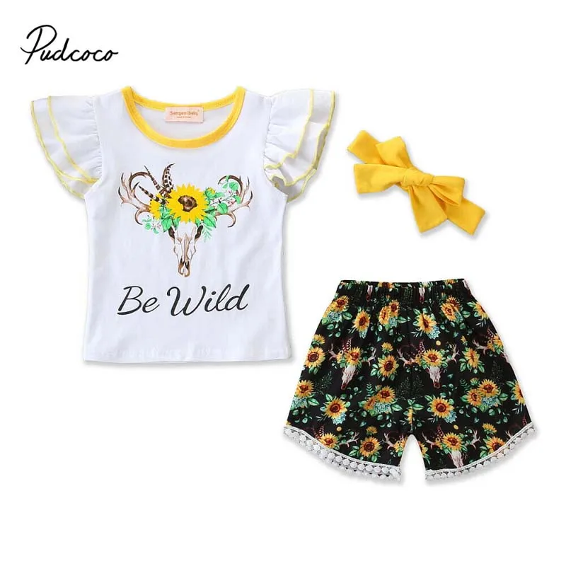 

2019 Brand Kids Baby Girl Summer Clothes Deer Cow Ruffles Tops T-shirt Sunflower Tassel Shorts Outfit Cute Girls Clothing Set