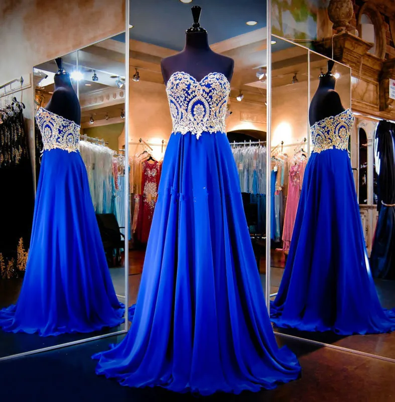 Cheap Long Prom Dresses 2016 Vestidos Longos Gold Lace Sweetheart Formal Evening Gowns Royal Blue Dress Graduation Party Dresses