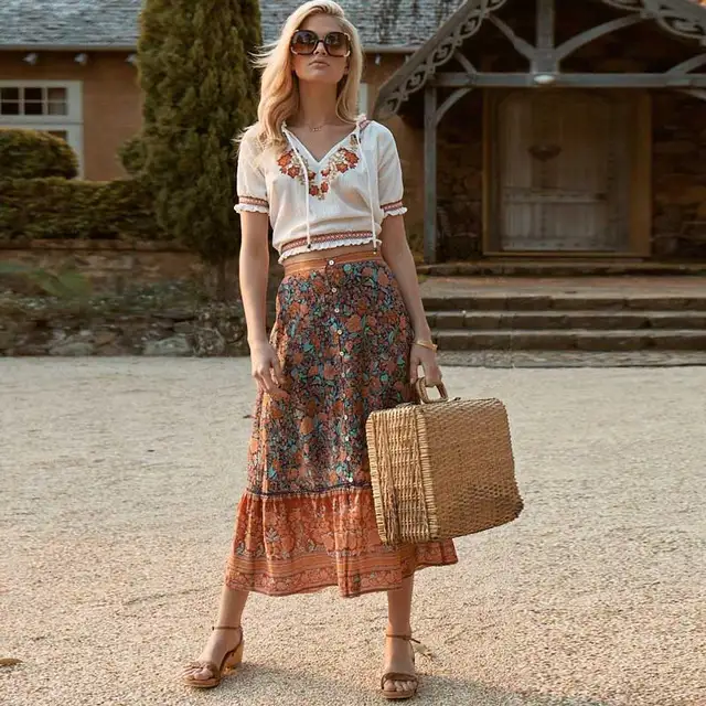 Boho inspirado Floral coral estampado midi cintura elástica Primavera Verano 2019 Faldas Mujer larga falda botones Saia falda|Faldas| AliExpress