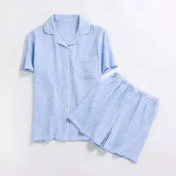 Пара синий пижамы устанавливает мужчин Повседневное Лето Комплект с шортами mens short-sleeve 100% хлопчатобумажные пижамы homme мужской пижамы