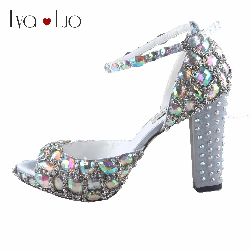 

CHS914 DHL Custom Made Multicolor AB Rhinestones Ankle Strap Block heel high heel Women Shoes Dress Pumps Bridal Wedding Shoes