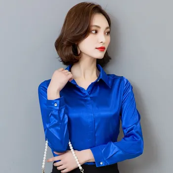 

2019 Autumn Women Elegant Satin Silk Shirt Long Sleeve Work Slim Tops Korean Solid Office Lady Blouse