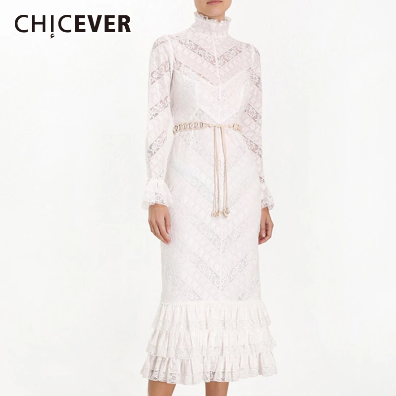 

CHICEVER Korean Lace Patchwork Dress Female Stand Collar Flare Sleeve Ruffles High Waist Bandage Mermaid Dresses Women Fashion