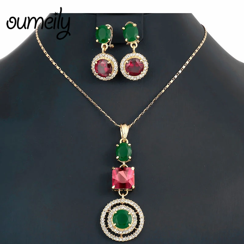 

OUMEILY Jewelry Sets For Women Green African Beads Jewelry Set Nigerian Wedding Imitation Crystal Vintage Necklace Set
