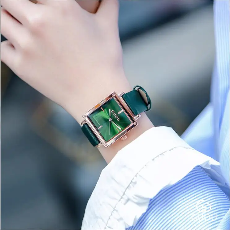 New GUOU Women Watches Fashion Square Watch Women Top Luxury brand Leather Watch Clock relogio feminino reloj mujer saat - Цвет: Green