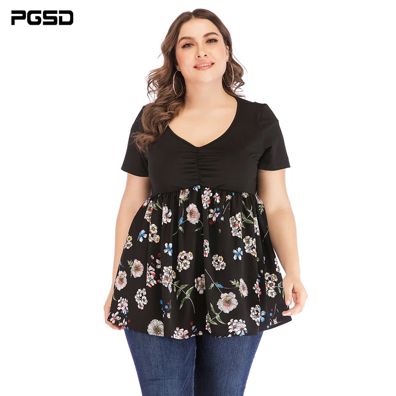 

PGSD Summer casual Big Size 5XL V-Neck Short sleeve high-waisted Flower Printing Stitching T-shirt female Fashion women clothes