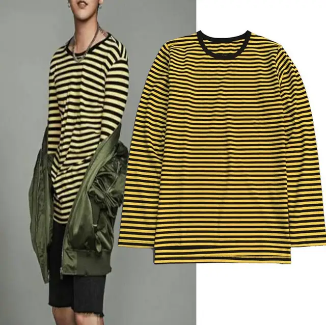 KPOP Same Style Black and Yellow Striped T Shirt 2018 Mens Hiphop Side