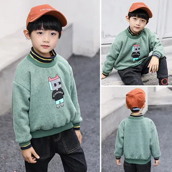 

Boys 4-12 Years Casual Fleece O-neck Hoodless Tee Top Cartoon Robot Pattern Fashion Patchwork Turtleneck Warm Hoodies
