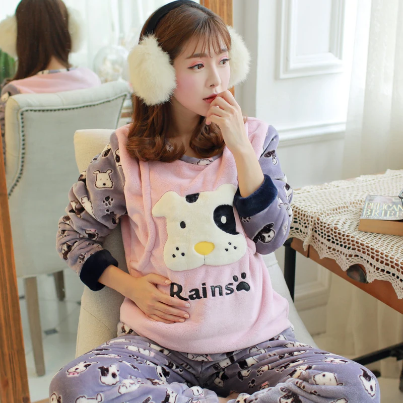 

Pregnant women coral fleece pajamas autumn winter's abdomen tide more lovely and sweet mother han edition flannel confined postp