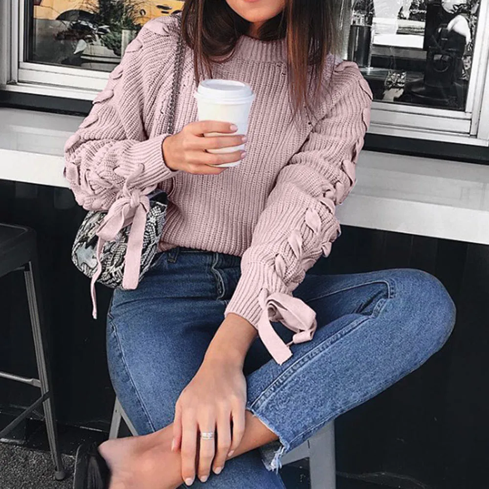 

Ladies Sweaters Women Solid Long Sleeve Bandage O-Neck Tops Loose Sweater Blouse