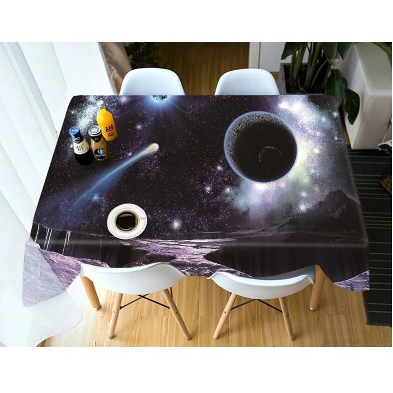 

3D Mysterious Space Tablecloth Blue Planet Dustproof Washable Cloth Thicken Cotton Rectangular and Round Table Cloth