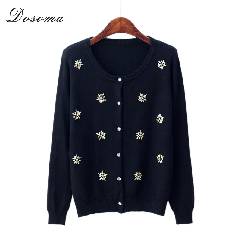 Spring Autumn Dosoma Sweat Sweaters Women Cardigans With Crystal Rhinestones Beads Round Collar Elegant Female Cardigan tops