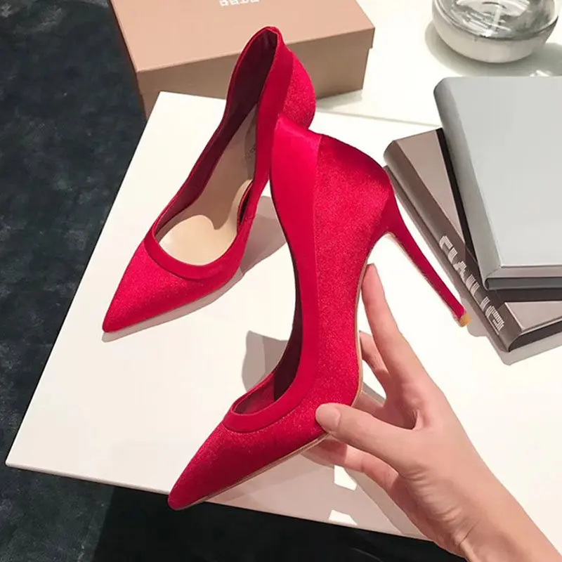

Women Red Velvet High Heels Shoes Wedding Shoe Lady Prom Shoes Pointed Toe Slip on Casual Stiletto Heels Plus Size 46