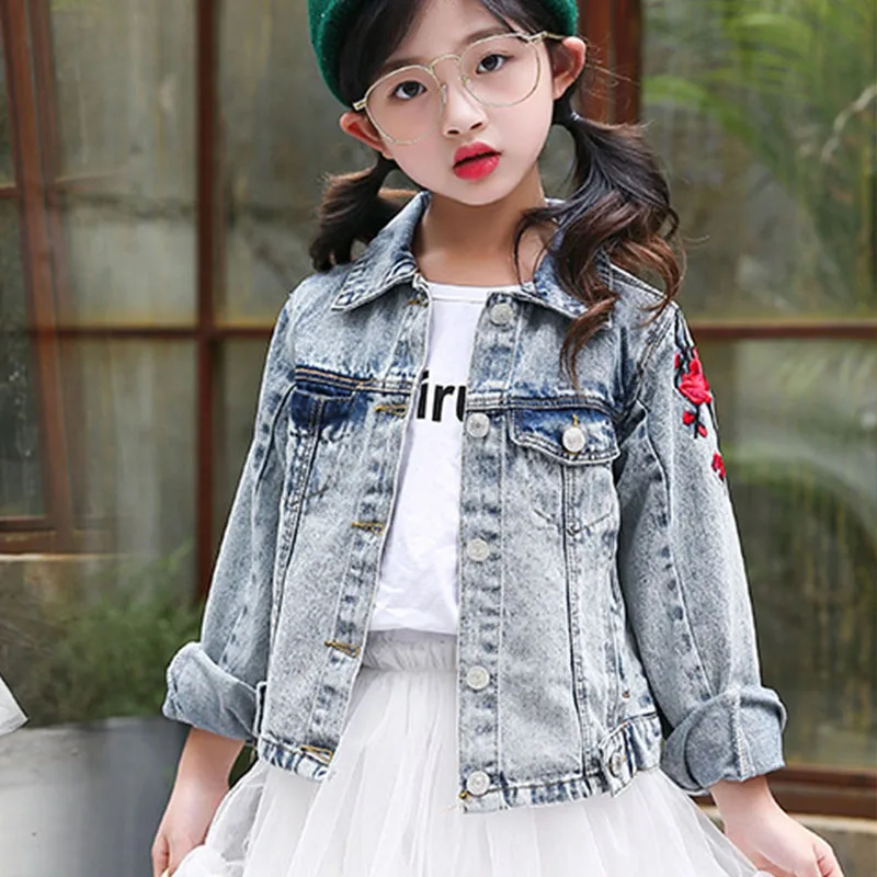 

flower embroidery denim jackets for teenage girls jeans coats kids outerwear tops clothing new 2018 children long sleeve jackets