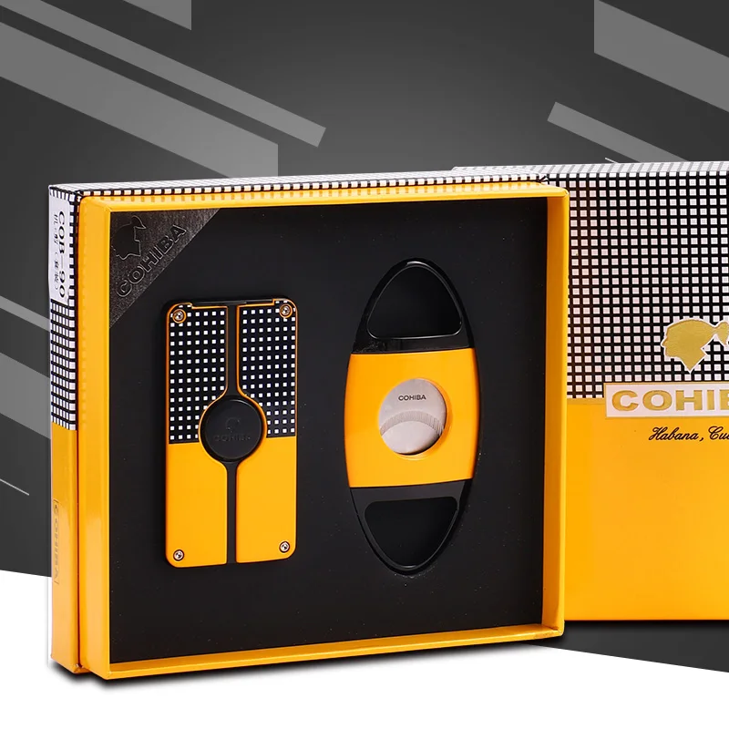

COHIBA Stainless Steel Cigar Cutter Guillotine Red Metal Windproof 3 Jet Flame Gas Cigarette Cigar Lighter W/ Ciga Punch druable