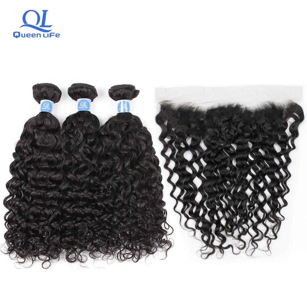 

Queenlife Indian water wave Bundles with frontal Remy Hair Weave 28 inch 3 Bundles Deals Nature Color Human Hair