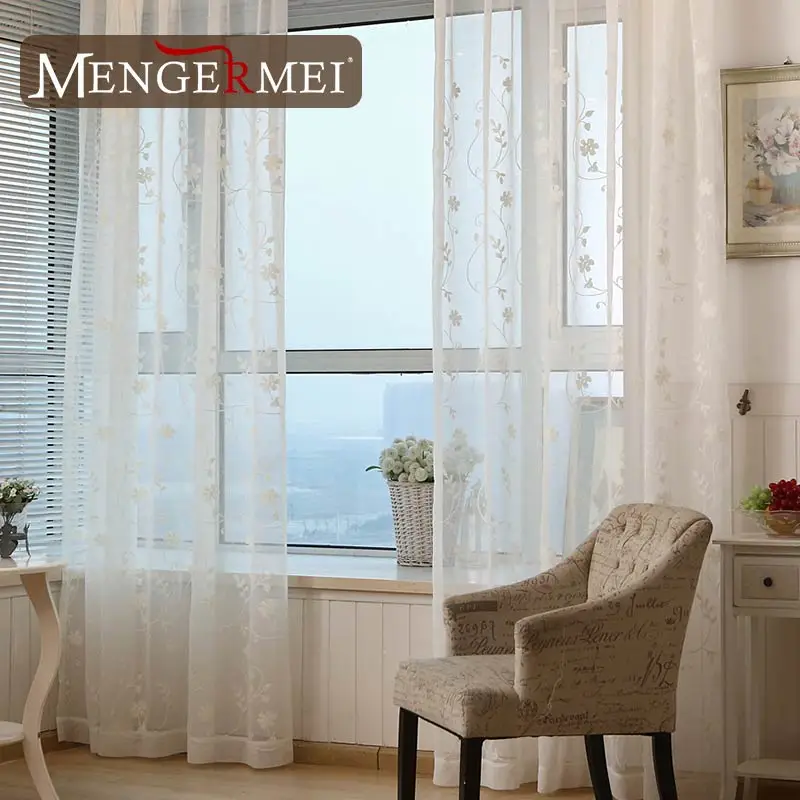 

MENGERMEI Simple Floral Curtains Embroidered White Tulle Curtain Window Treatment for Living Room XC18