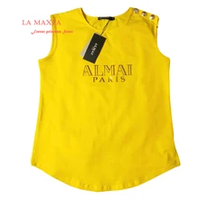 2017 Arrivals women button sleeveless T-shirt O-neck Letters bronzing fashion T-shirt Print brief fashion Golden button T-shirt