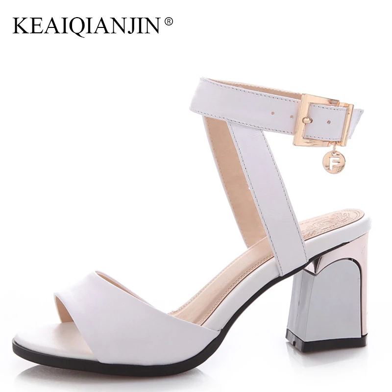 

KEAIQIANJIN Woman Metal Decoration Peep Toe Sandal Genuine Leather High Heels Shoes Summer Plus Size 33-43 Open Toe Sandals