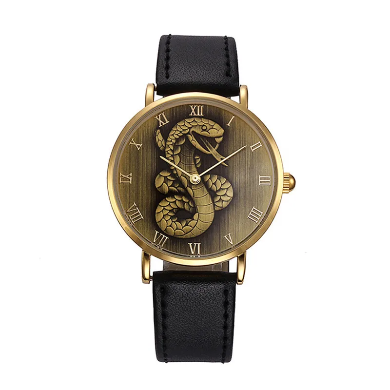 Men Watch Quartz Wristwatch Zodiac Snake Pattern Luxury Analog PU