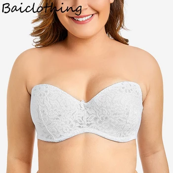 

BAICLOTHING Drop Ship Seamless Womens Antiskid Lace Strapless 1/2 Cup Push Up Underwire Multi way Wedding Bra 38 40 A B C D DD