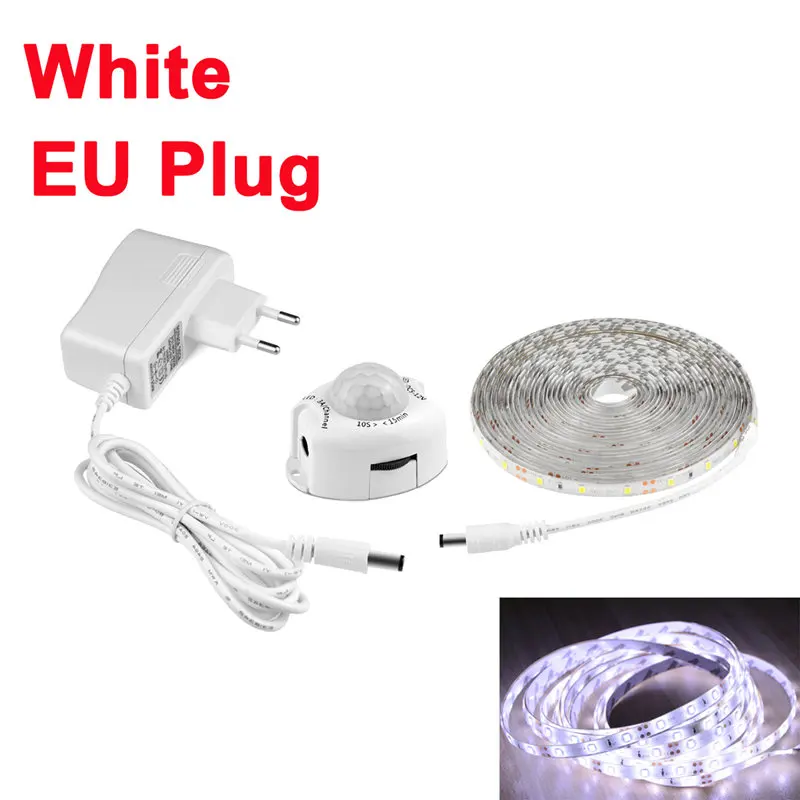 110V 220V to 12V LED Strip Light+ PIR Motion Sensor Detector+2A US EU Power Adapter Flexible Tape tira led impermeable Kitchen - Испускаемый цвет: EU Plug White