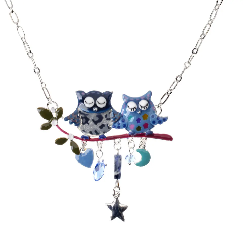 Классическое эмалированное женское ожерелье в виде совы, милое ожерелье из сплава с Луной и звездой, цепочка с подвеской, Женские Ювелирные изделия для влюбленных - Окраска металла: color 1