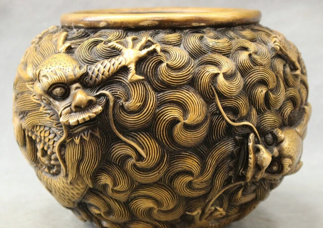 

JP S0114 Folk Chinese Bronze Refined Dragon Head Statue Jar Jug Incense Burner Censer