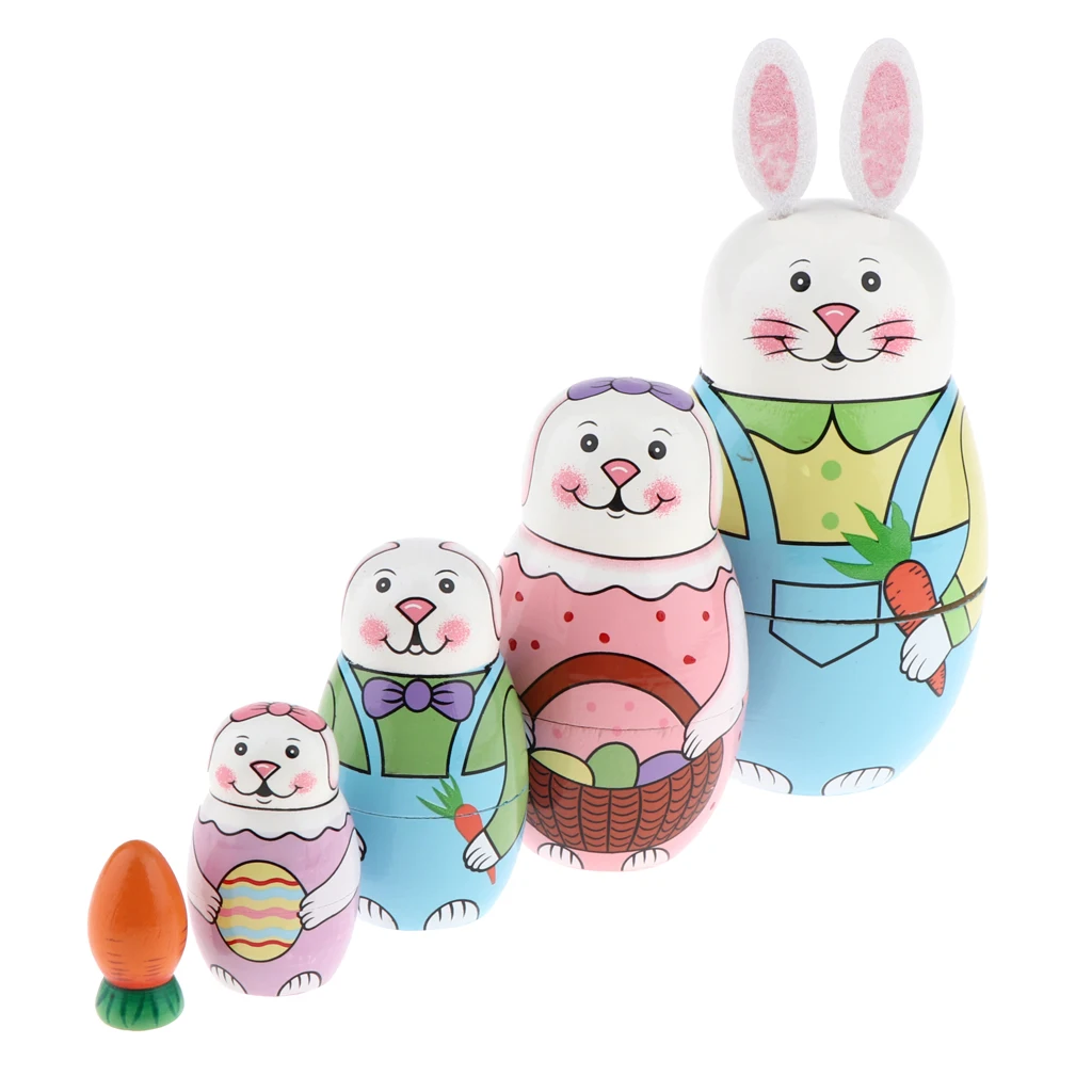 Lovely 5 Pieces Wooden Cute Hand Animal Painted Russian Nesting Dolls Table Decoration Kids Birthday Gifts Rabbit