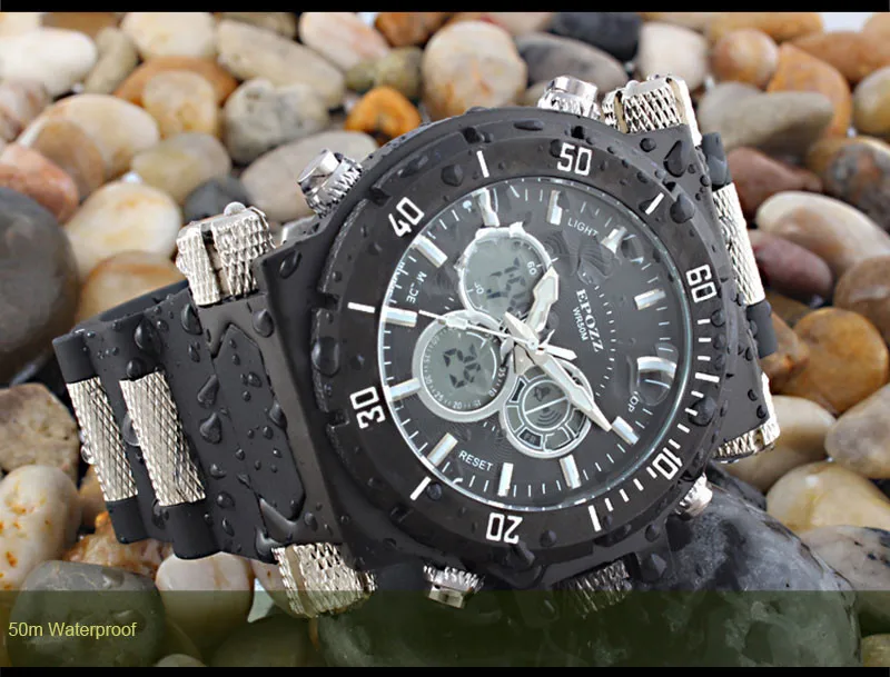 EPOZZ супер тяжелые 197 г аналоговые цифровые часы с двойным отображением времени мужские роскошные Брендовые Часы с резиновым ремешком Relogio masculino