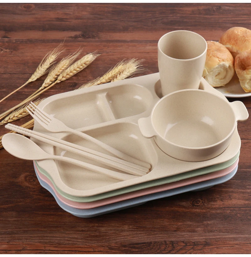 Conjunto de Placa de Alimentação Bandeja do Bebê Comida da Criança Pratos com Garfo Crianças Louça Trigo Palha Recipiente Colher Utensílios T0529 6 Mamãe e Bebê
