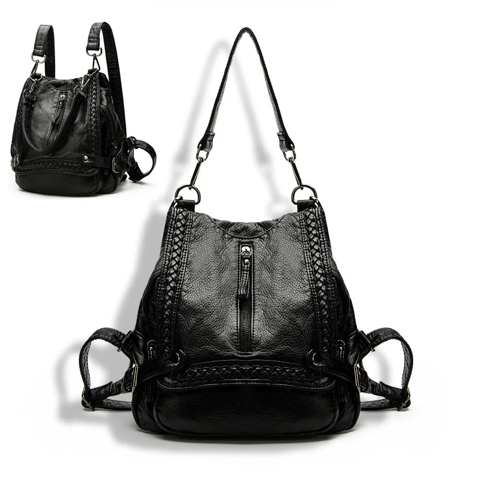 Weaving Women Casual PU Leather School Backpack Wrinkle Knit Girls Travel Backpacks Daypack Shoulder Tote Bag