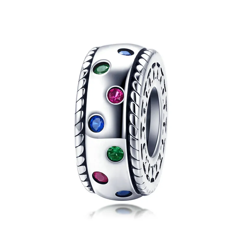 

ABAY Hot Sale Real 925 Sterling Silver Rainbow Colorful CZ Spacer Charm Beads fit Original Pandora Bracelet Beads Jewelry Women