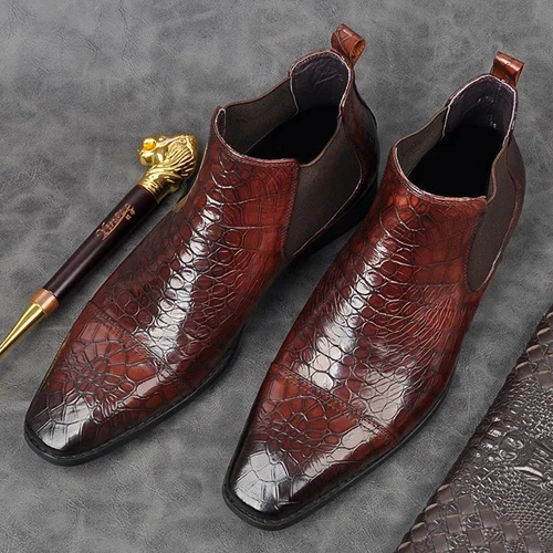 Новинка; итальянская официальная обувь из натуральной кожи; мужские Ботильоны «Челси»; мужская Ковбойская обувь для верховой езды с квадратным носком ручной работы в стиле «Аллигатор»; AM227 - Цвет: Wine Red