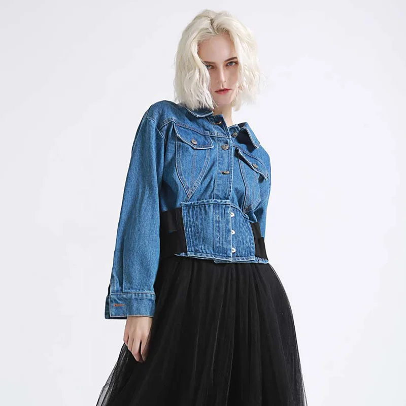 TWOTWINSTYLE осенняя джинсовая куртка для женщин с лацканами длинным рукавом