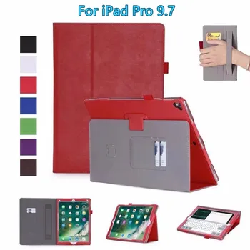 

For iPad Pro 9.7" Premium Calfskin Leather Folio Stand Cover Case with Multiple Viewing Angles, Card Slots and Arm Band